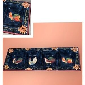 Susan Winget Sunrise Roosters & Sunflowers Blue & Yellow Relish Ceramic Tray